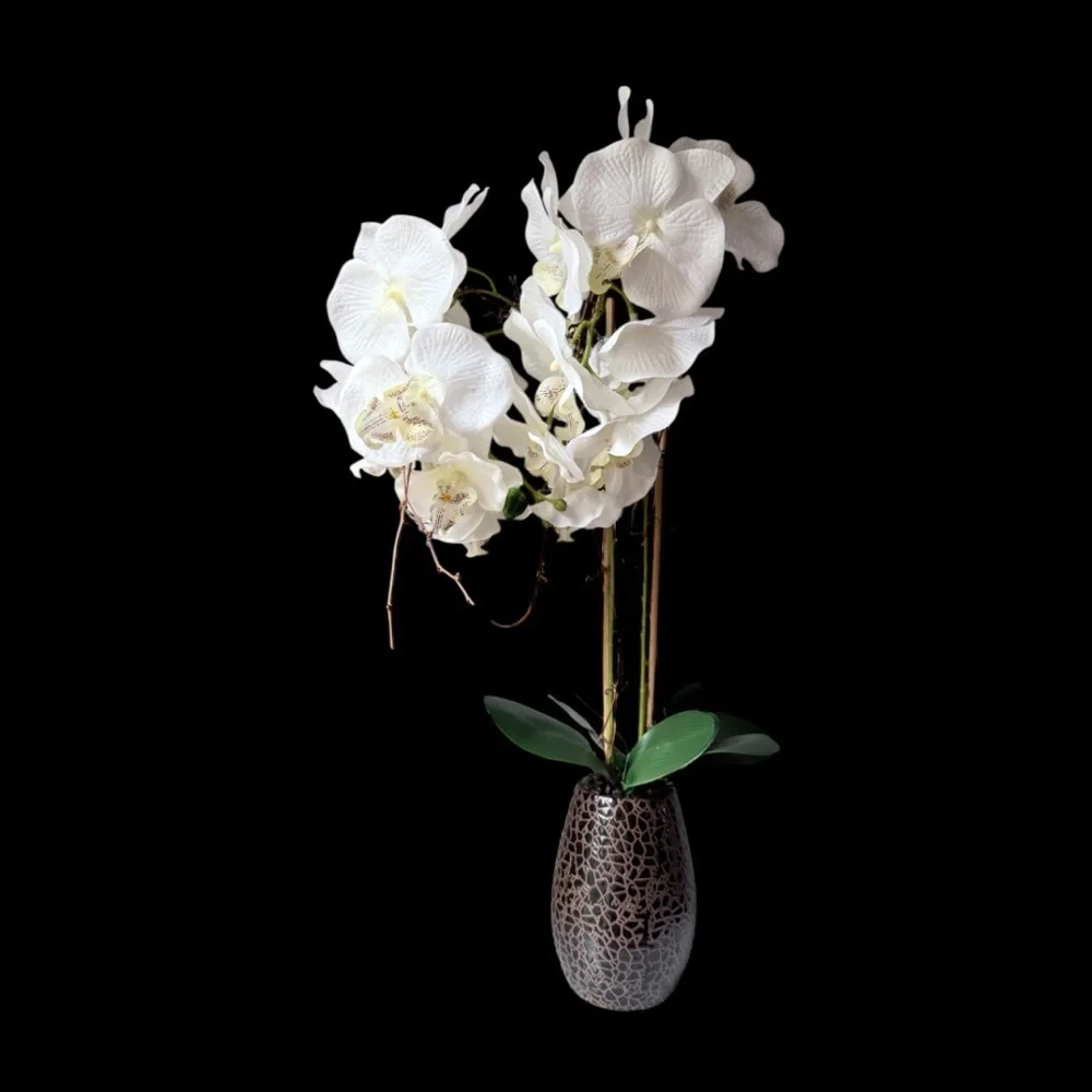 artificial white Phalaenopsis orchid arrangement in a brown textured vase 27”….